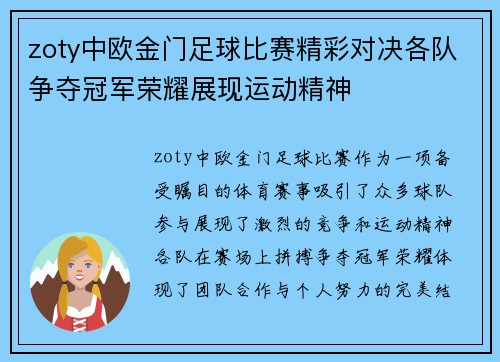 zoty中欧金门足球比赛精彩对决各队争夺冠军荣耀展现运动精神