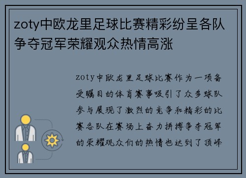 zoty中欧龙里足球比赛精彩纷呈各队争夺冠军荣耀观众热情高涨