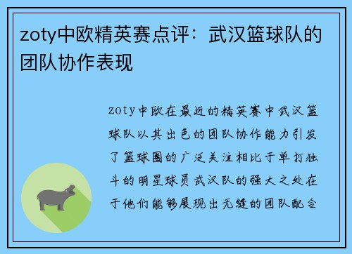 zoty中欧精英赛点评：武汉篮球队的团队协作表现