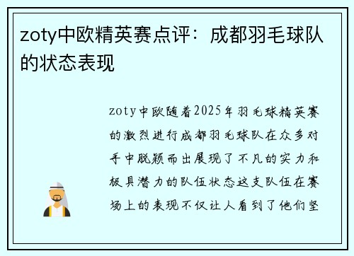 zoty中欧精英赛点评：成都羽毛球队的状态表现