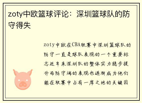 zoty中欧篮球评论：深圳篮球队的防守得失