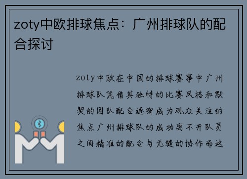 zoty中欧排球焦点：广州排球队的配合探讨