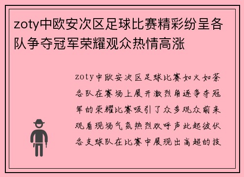 zoty中欧安次区足球比赛精彩纷呈各队争夺冠军荣耀观众热情高涨