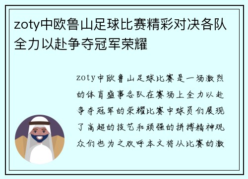 zoty中欧鲁山足球比赛精彩对决各队全力以赴争夺冠军荣耀