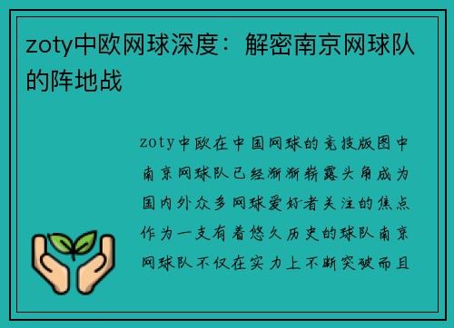 zoty中欧网球深度：解密南京网球队的阵地战