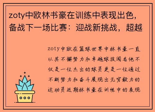 zoty中欧林书豪在训练中表现出色，备战下一场比赛：迎战新挑战，超越自我